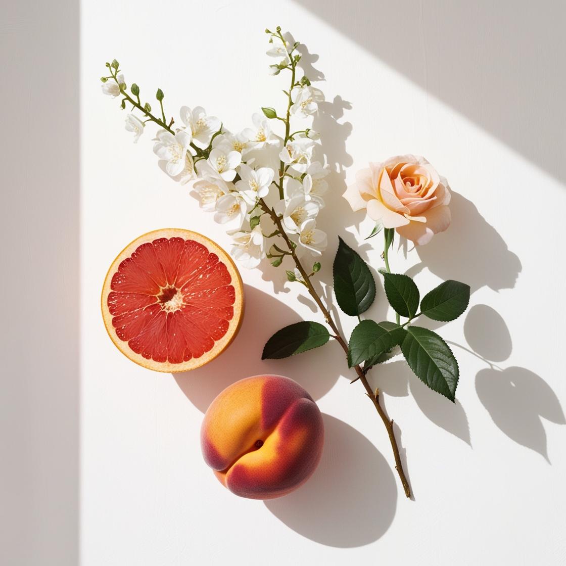 Pomelo, melocotón, jazmín y rosa representando las notas olfativas del perfume.