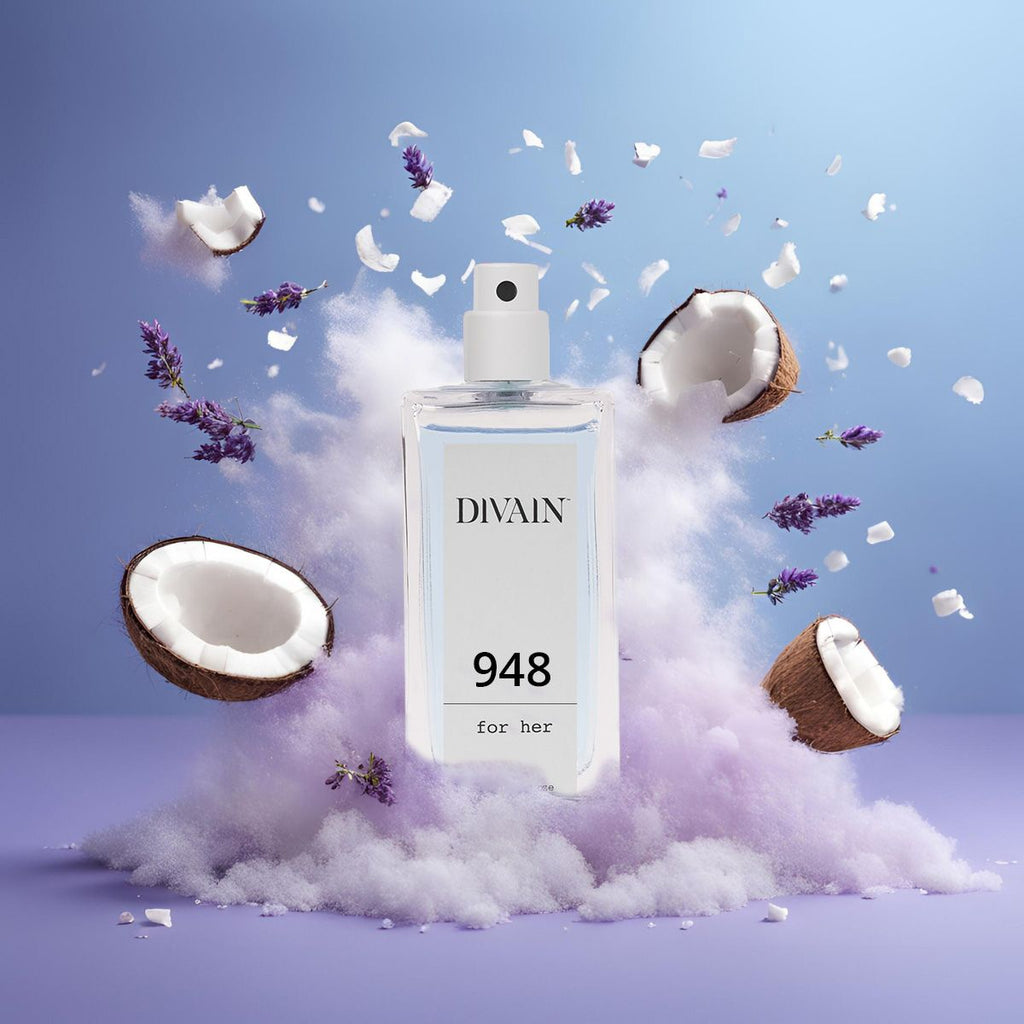 Perfume divain-948 dentro de una explosión con humo blanco y trozos de coco destruidos por el aire