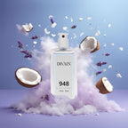 Perfume divain-948 dentro de una explosión con humo blanco y trozos de coco destruidos por el aire