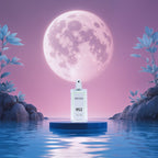 Perfume divain-952 apoyado sobre una peana en medio del mar con una luna rosa gigante de fondo