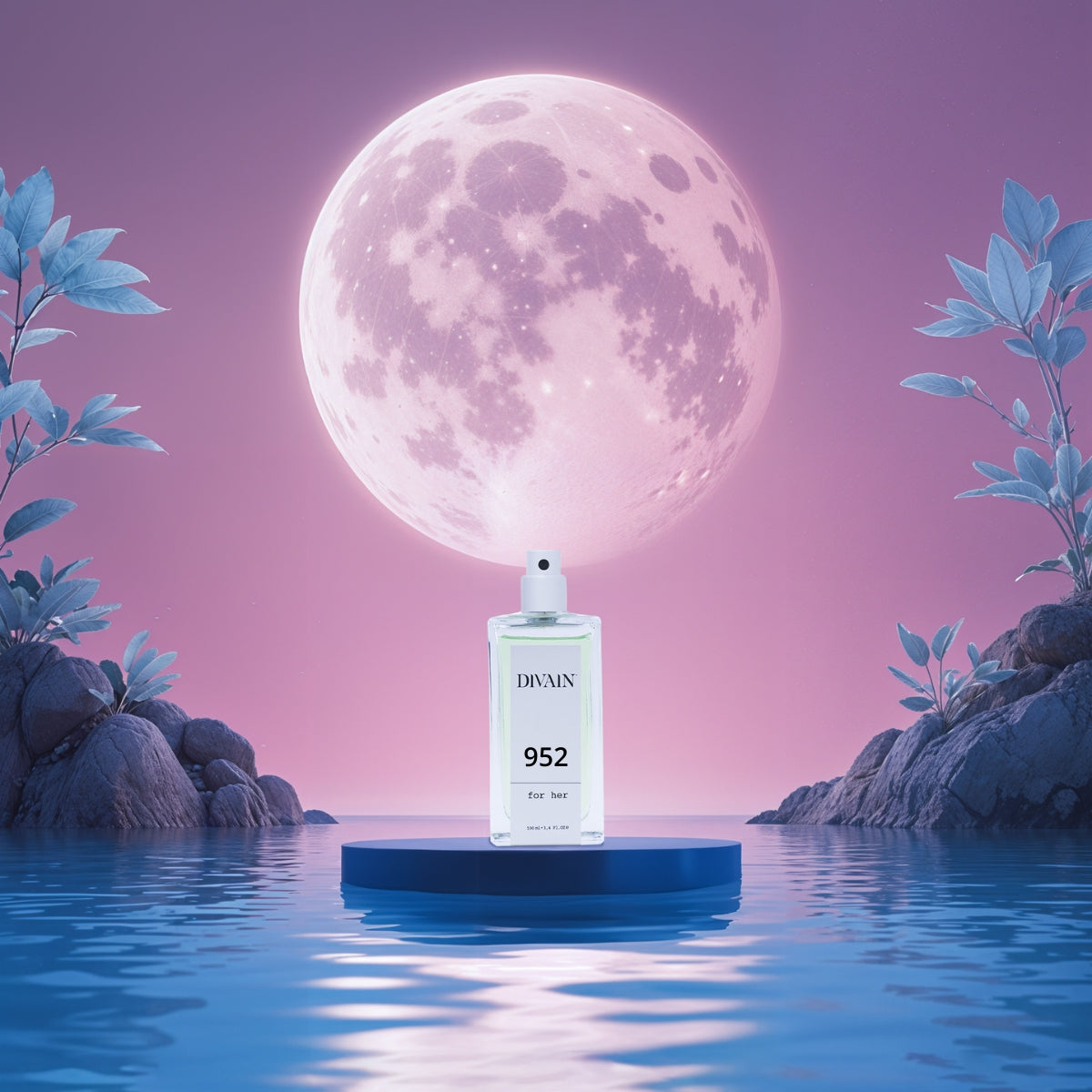 Perfume divain-952 apoyado sobre una peana en medio del mar con una luna rosa gigante de fondo