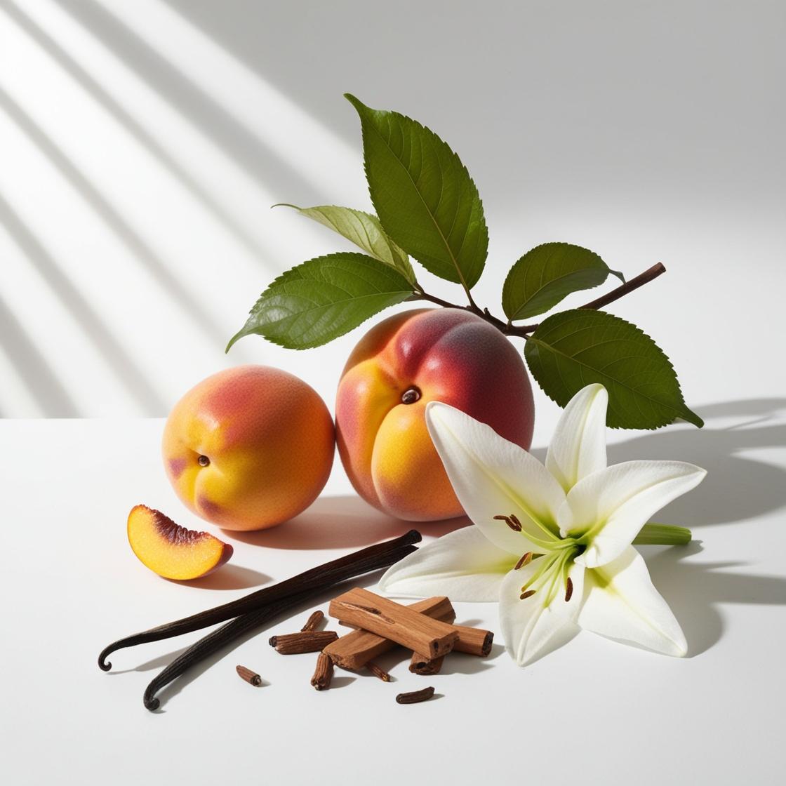 Neroli, melocotón y vainilla representando las notas olfativas del perfume.