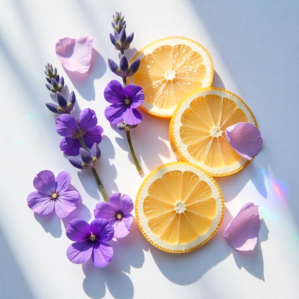 Lavanda, violeta y pomelo representando las notas olfativas del perfume.