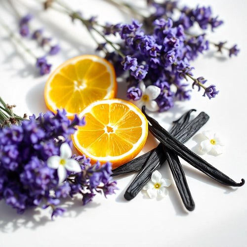 Flor del naranjo, lavanda y vainilla representando las notas olfativas del perfume.