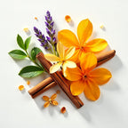 Lavanda, menta, ámbar, flor de azahar y canela representando las notas olfativas del perfume.