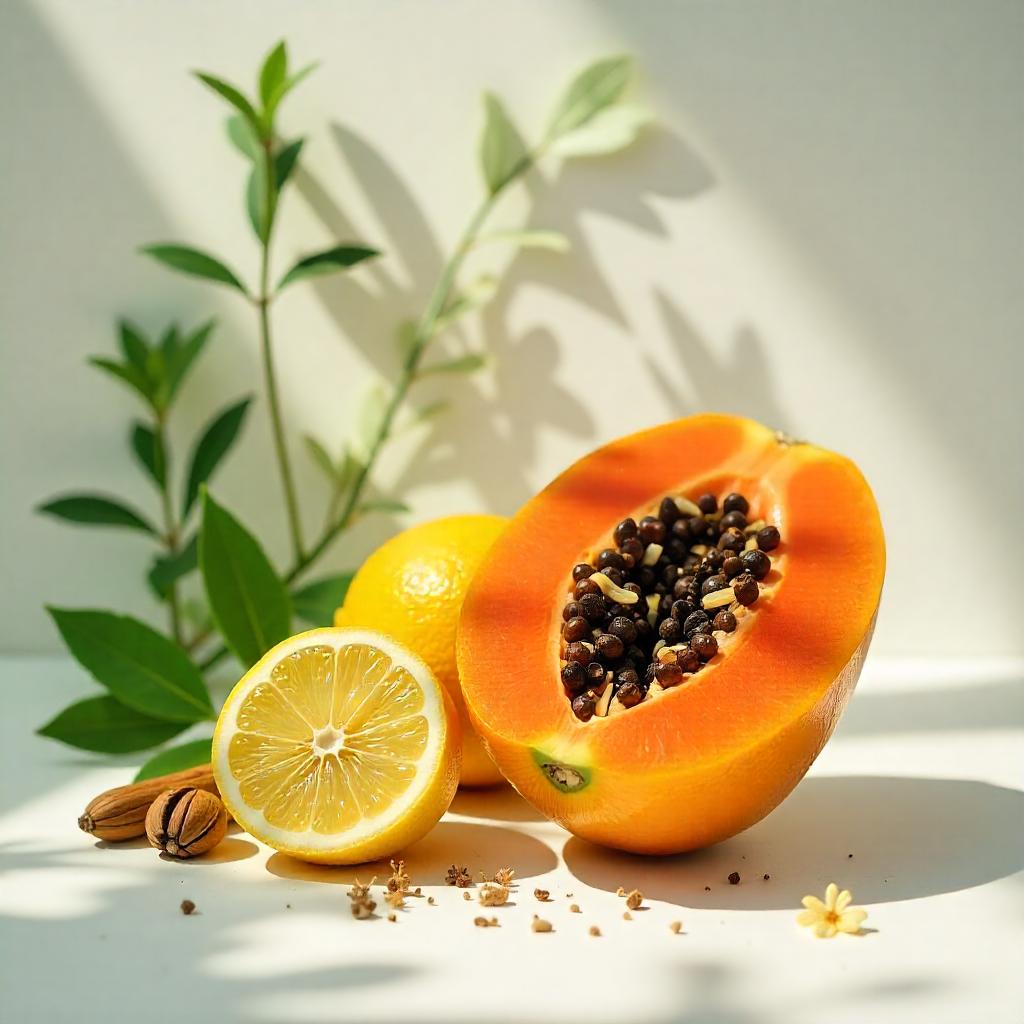 Limón, papaya y nuez representando las notas olfativas del perfume.