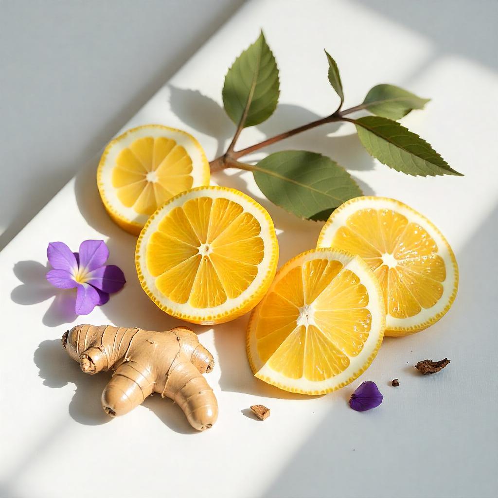 Limón, jengibre y hojas de violeta representando las notas olfativas del perfume.