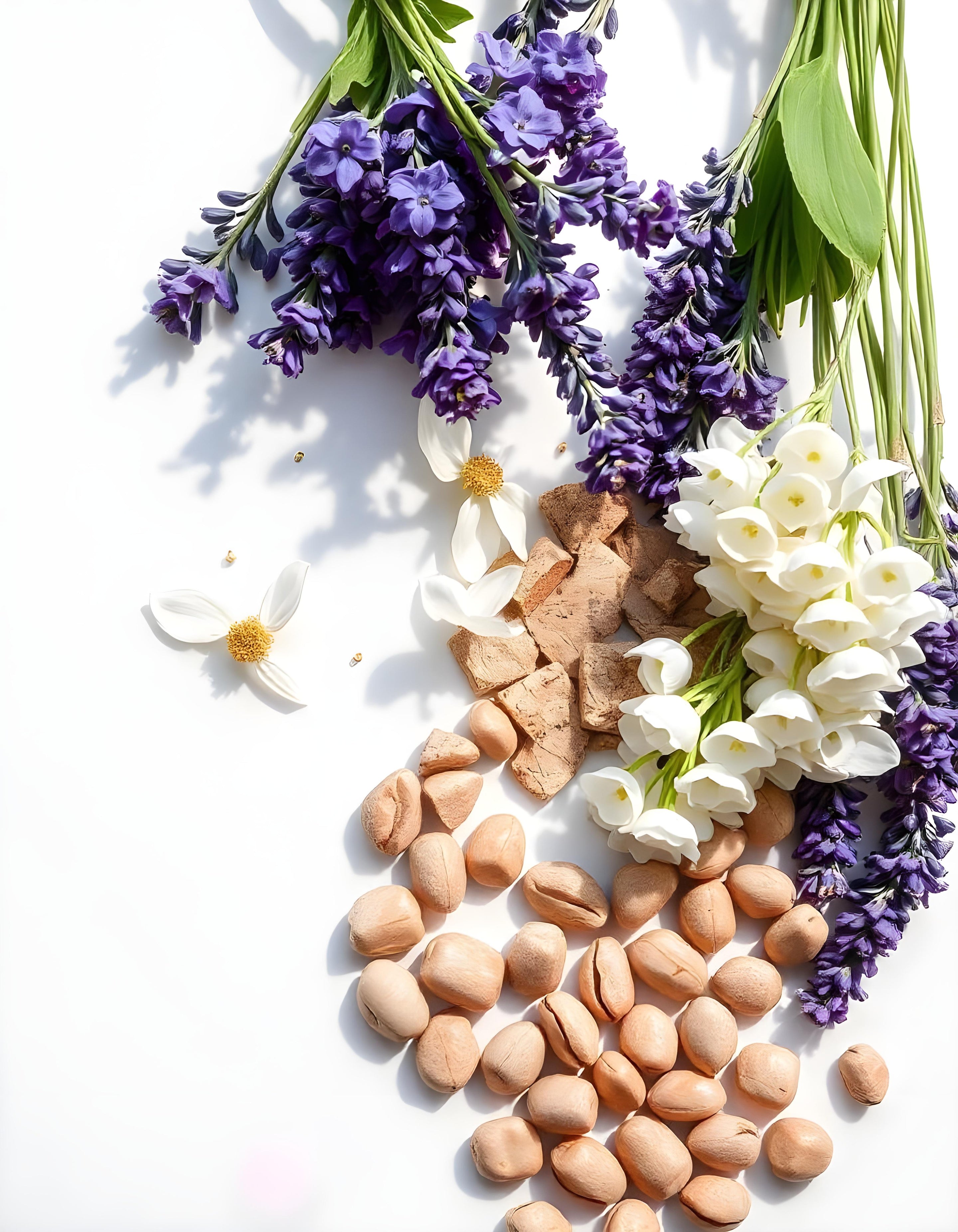 Lavanda, haba tonka y hojas de violeta representando las notas olfativas del perfume.