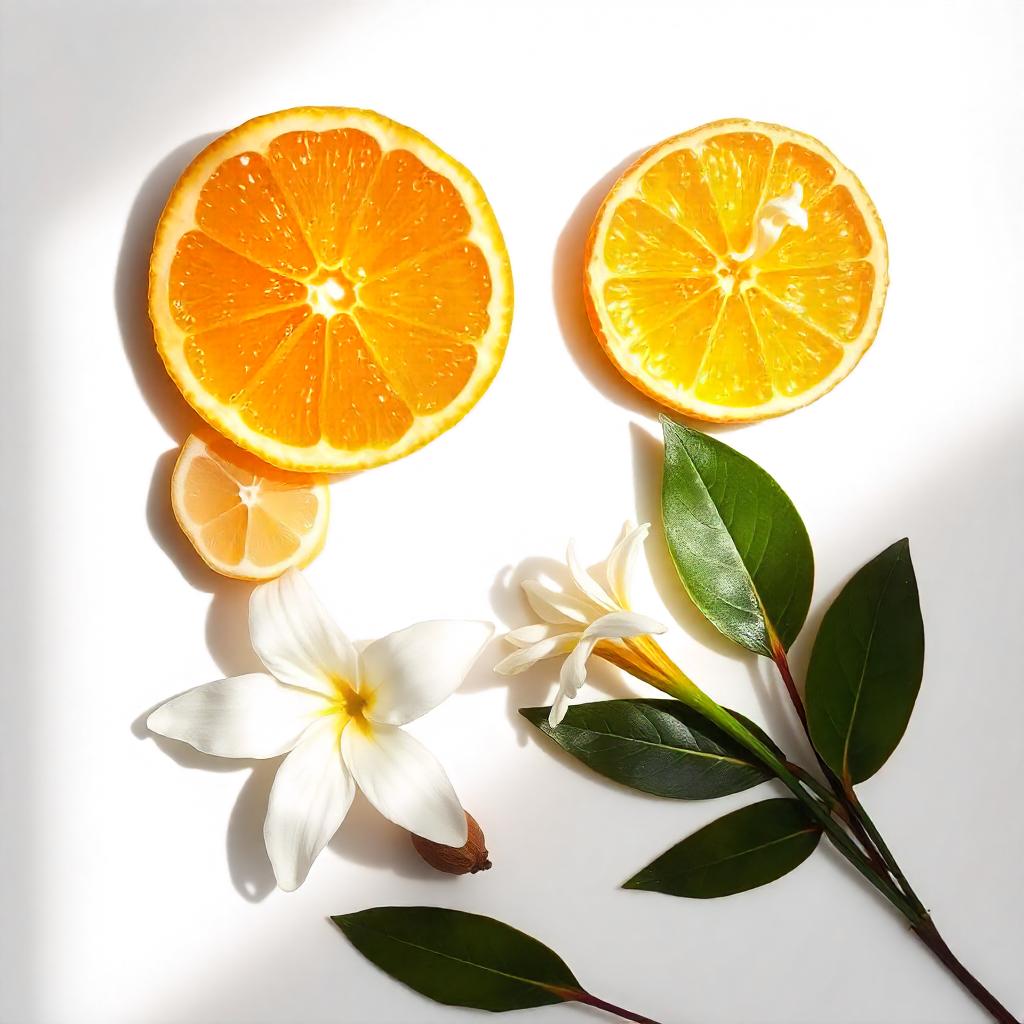 Naranja y jazmín representando las notas olfativas del perfume.