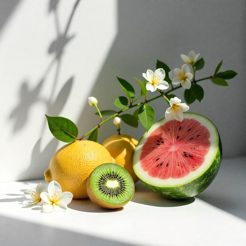 Kiwi, sandía y limonero representando las notas olfativas del perfume.