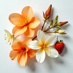 Jazmín, flor de naranjo y fresa representando las notas olfativas del perfume.