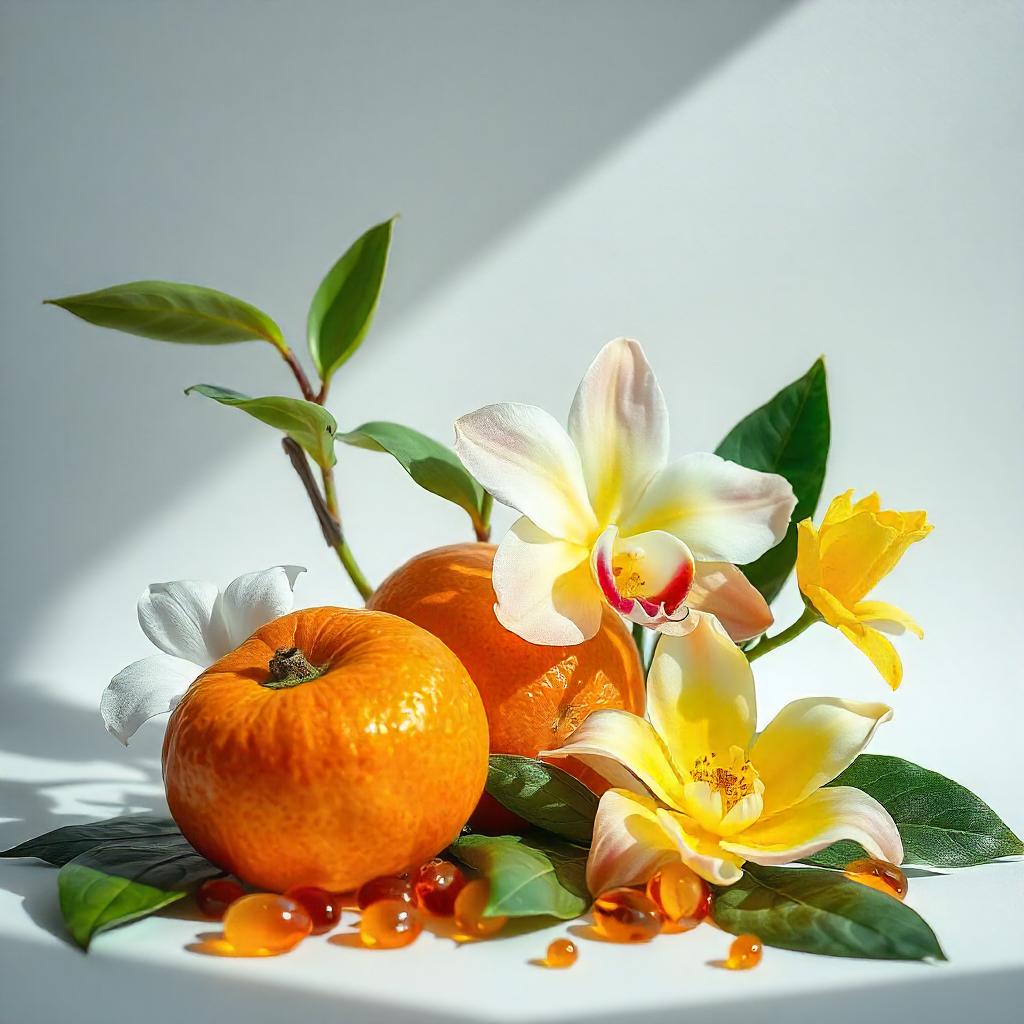 Naranja, mandarina, ámbar y narciso amarillo representando las notas olfativas del perfume.