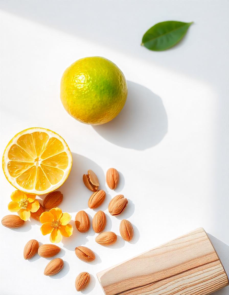 Limón, almendra y cedro representando las notas olfativas del perfume.