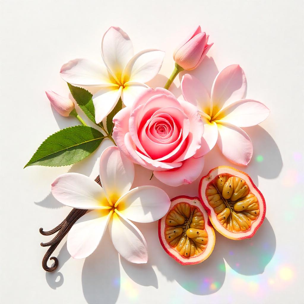 Magnolia, rosa y maracuyá representando las notas olfativas del perfume.