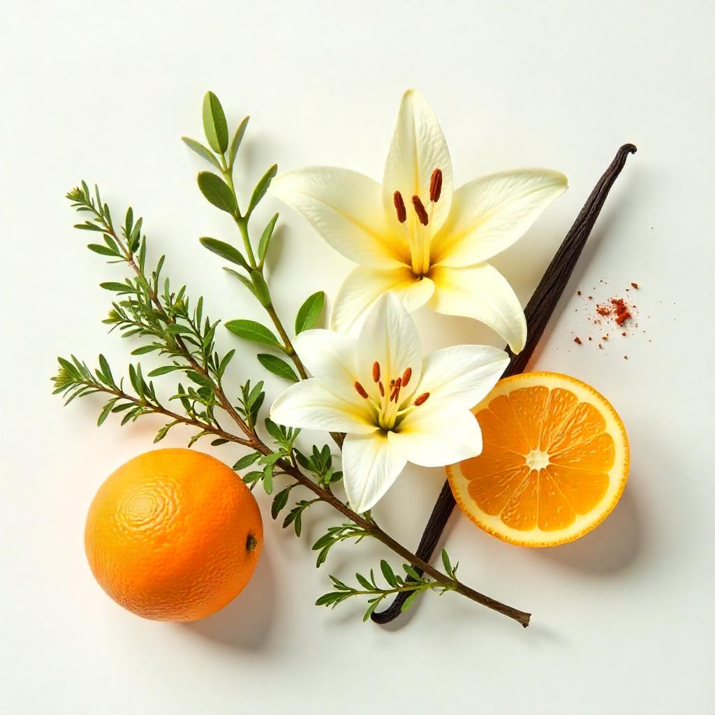 Mandarina, orquídea, vainilla y tomillo representando las notas olfativas del perfume.