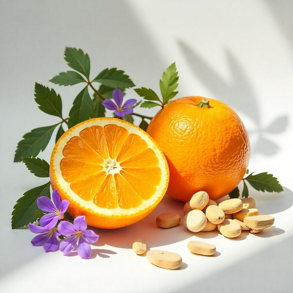 Naranja y hojas de violeta representando las notas olfativas del perfume.