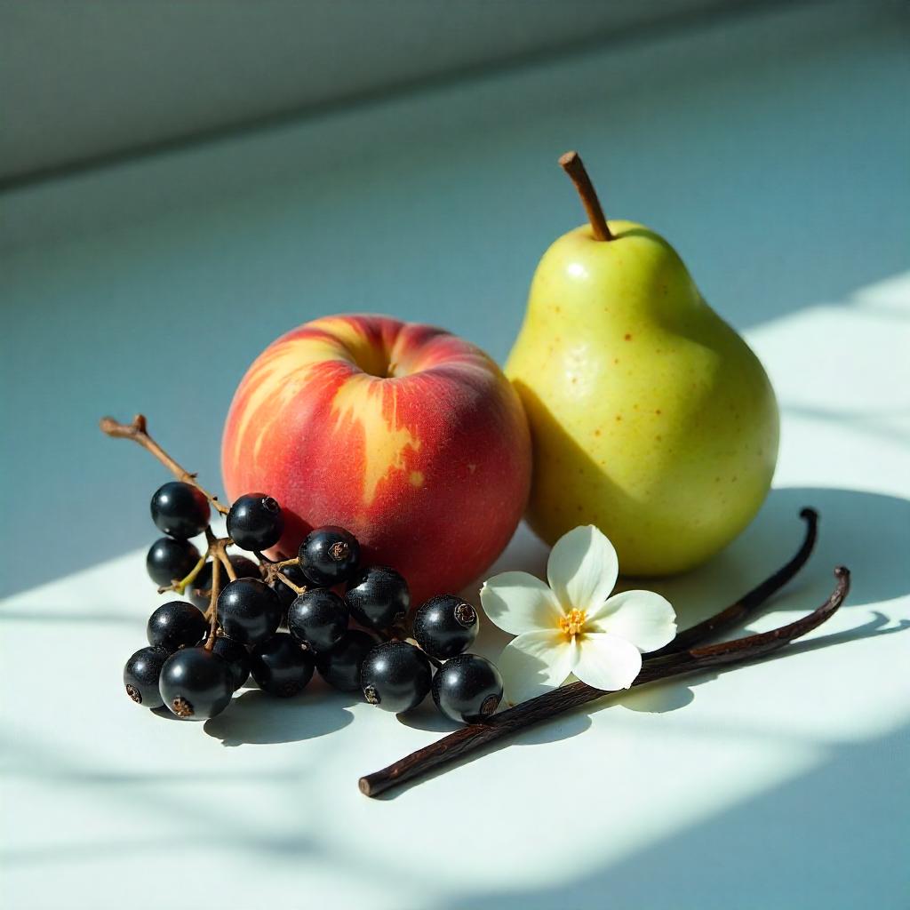 Manzana, pera, vainilla y grosellas negras representando las notas olfativas del perfume.