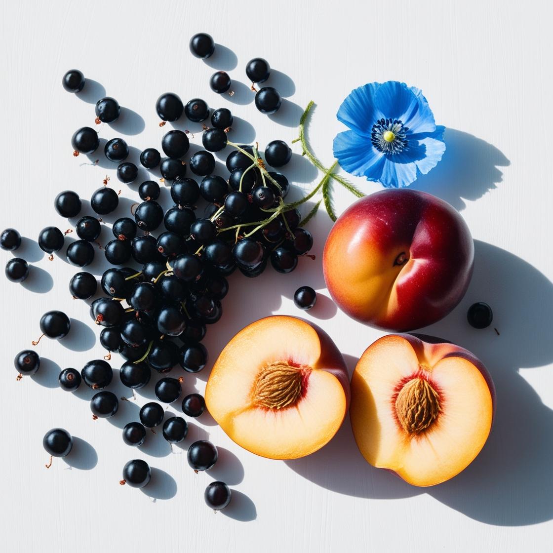 Amapola azul, melocotón y grosellas negras representando las notas olfativas del perfume.