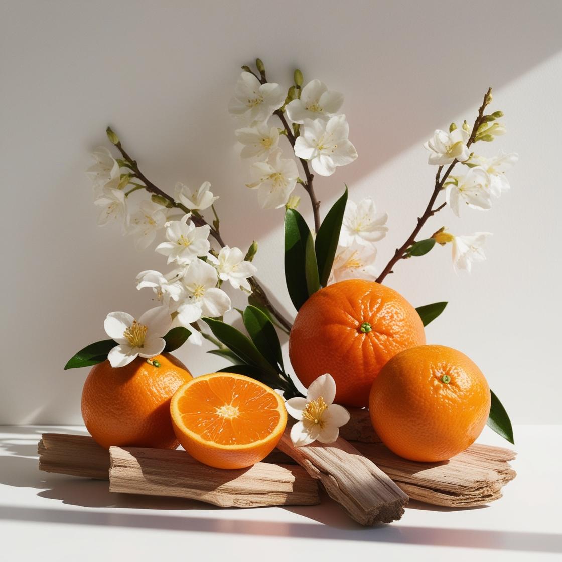 Mandarina, jazmín y madera representando las notas olfativas del perfume.