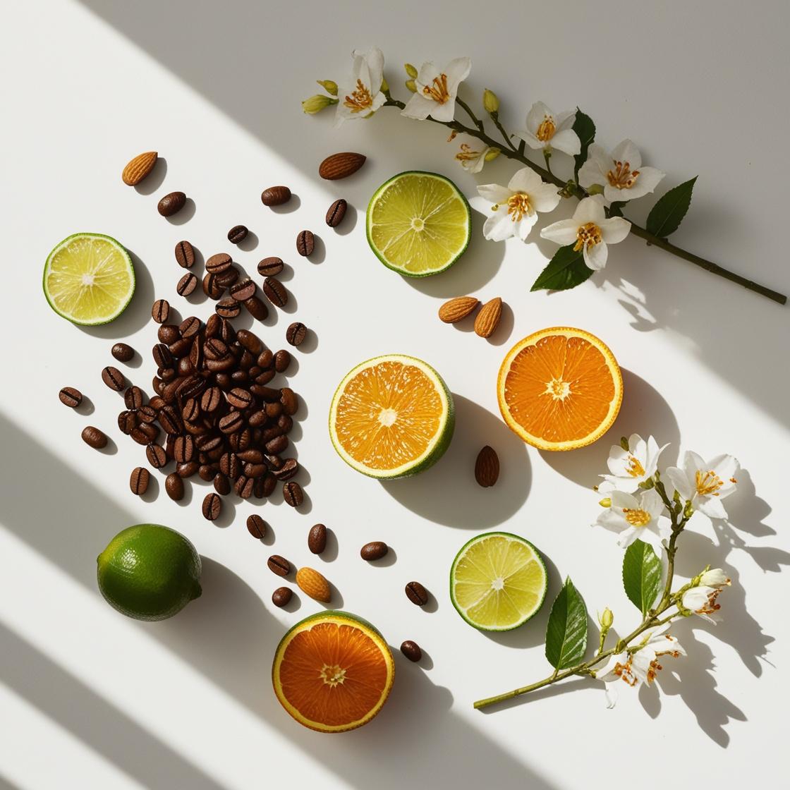 Limón verde,jazmín, almendra y granos de café representando las notas olfativas del perfume.