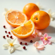 Naranjas, jazmín y sándalo representando las notas olfativas del perfume.