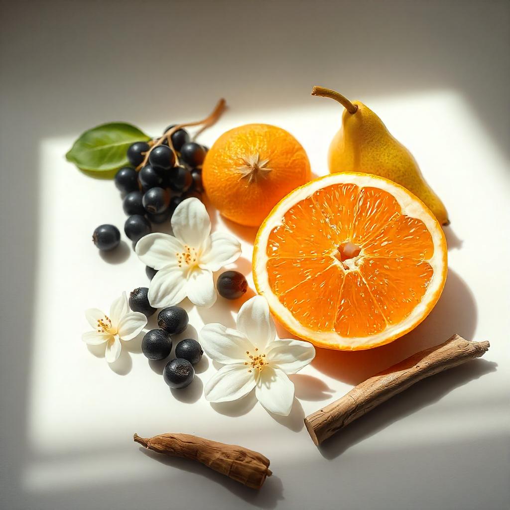 Mandarina, grosellas negras y flor de azahar del naranjo representando las notas olfativas del perfume.