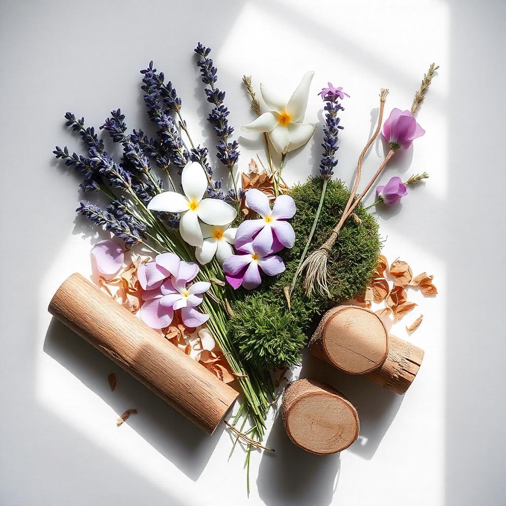 Lavanda, jazmín, cedro y musgo representando las notas olfativas del perfume.