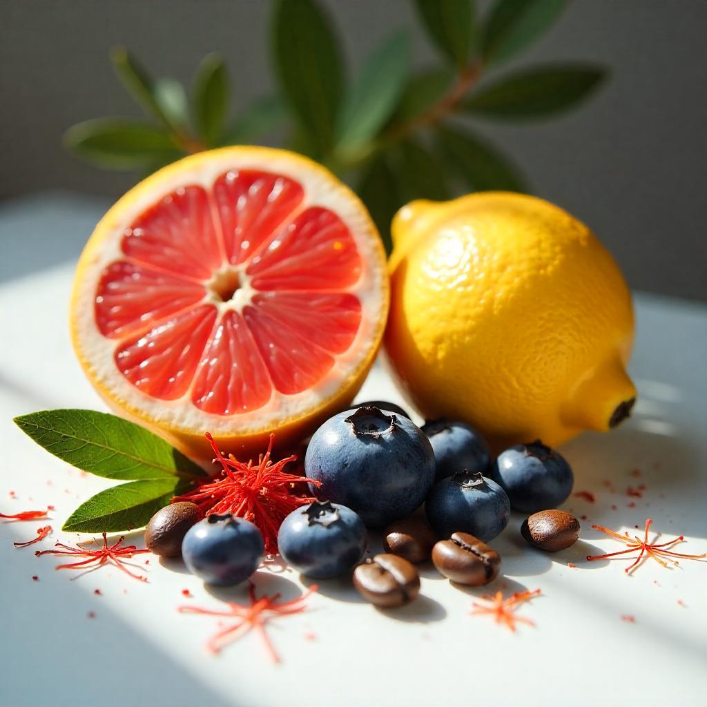 Pomelo, arándanos y granos de café representando las notas olfativas del perfume.