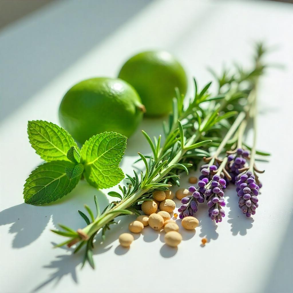 Lima, menta y lavanda representando las notas olfativas del perfume.