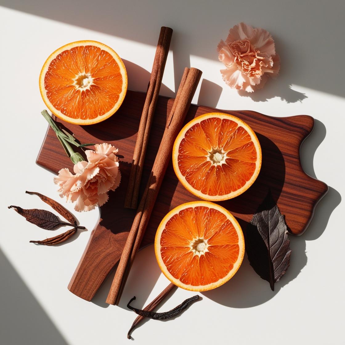 Caoba, mandarina, rosa, vainilla y canela representando las notas olfativas del perfume.