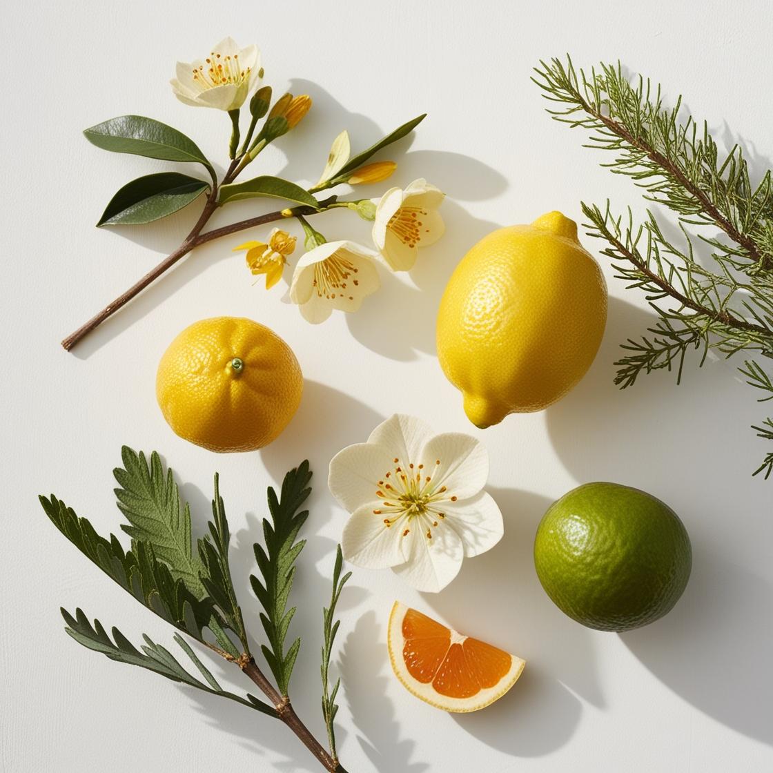 Limón, neroli y jacinto representando las notas olfativas del perfume.