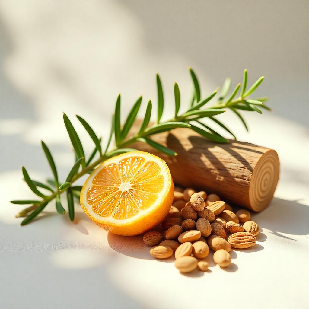 Mandarina, romero, madera y bergamota representando las notas olfativas del perfume.