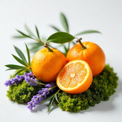 Mandarina, lavanda y musgo representando las notas olfativas del perfume.