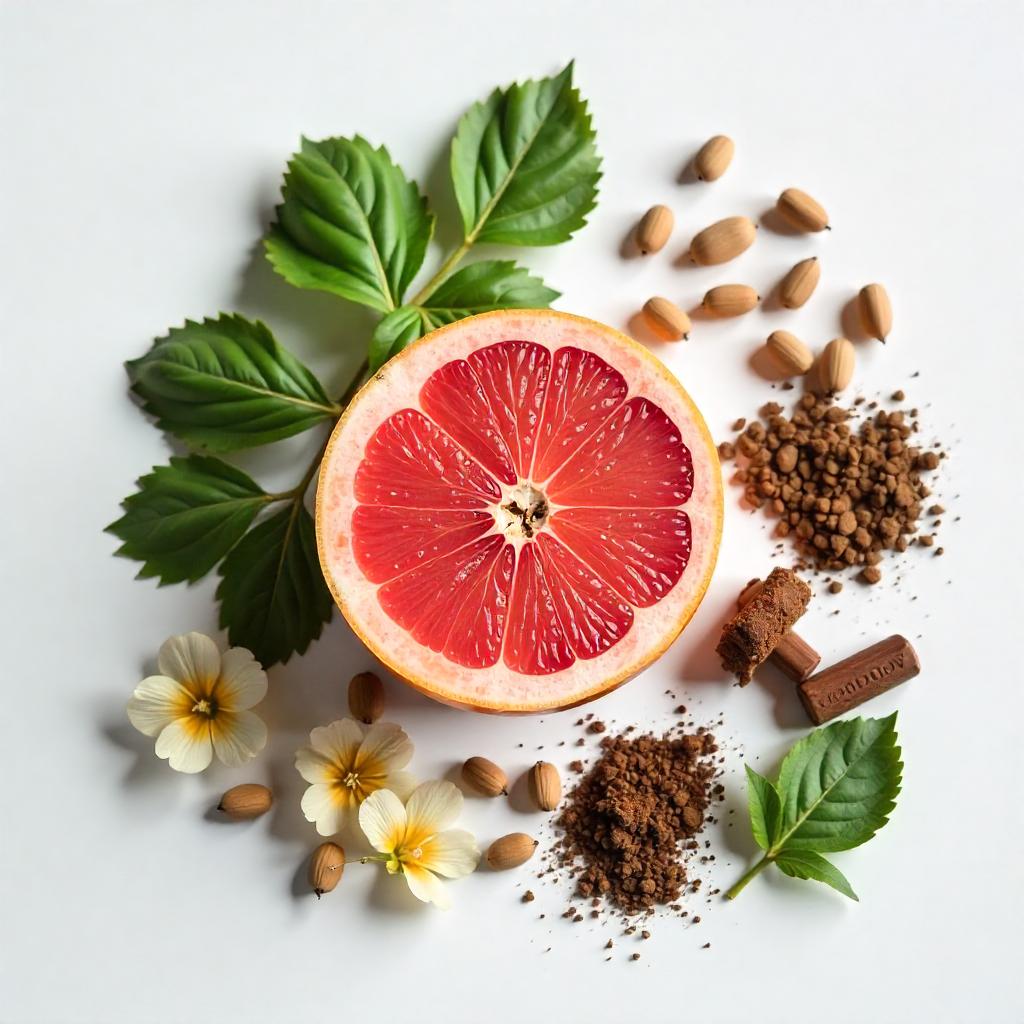 Mandarina, lavanda y musgo representando las notas olfativas del perfume.