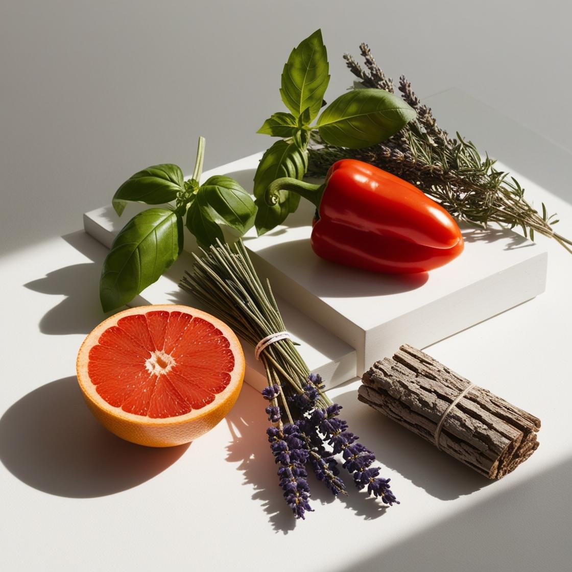 Pomelo, albahaca, cedro y lavanda representando las notas olfativas del perfume.