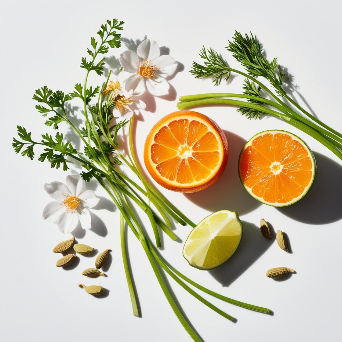 Mandarina, lima, bergamota y jazmín representando las notas olfativas del perfume.