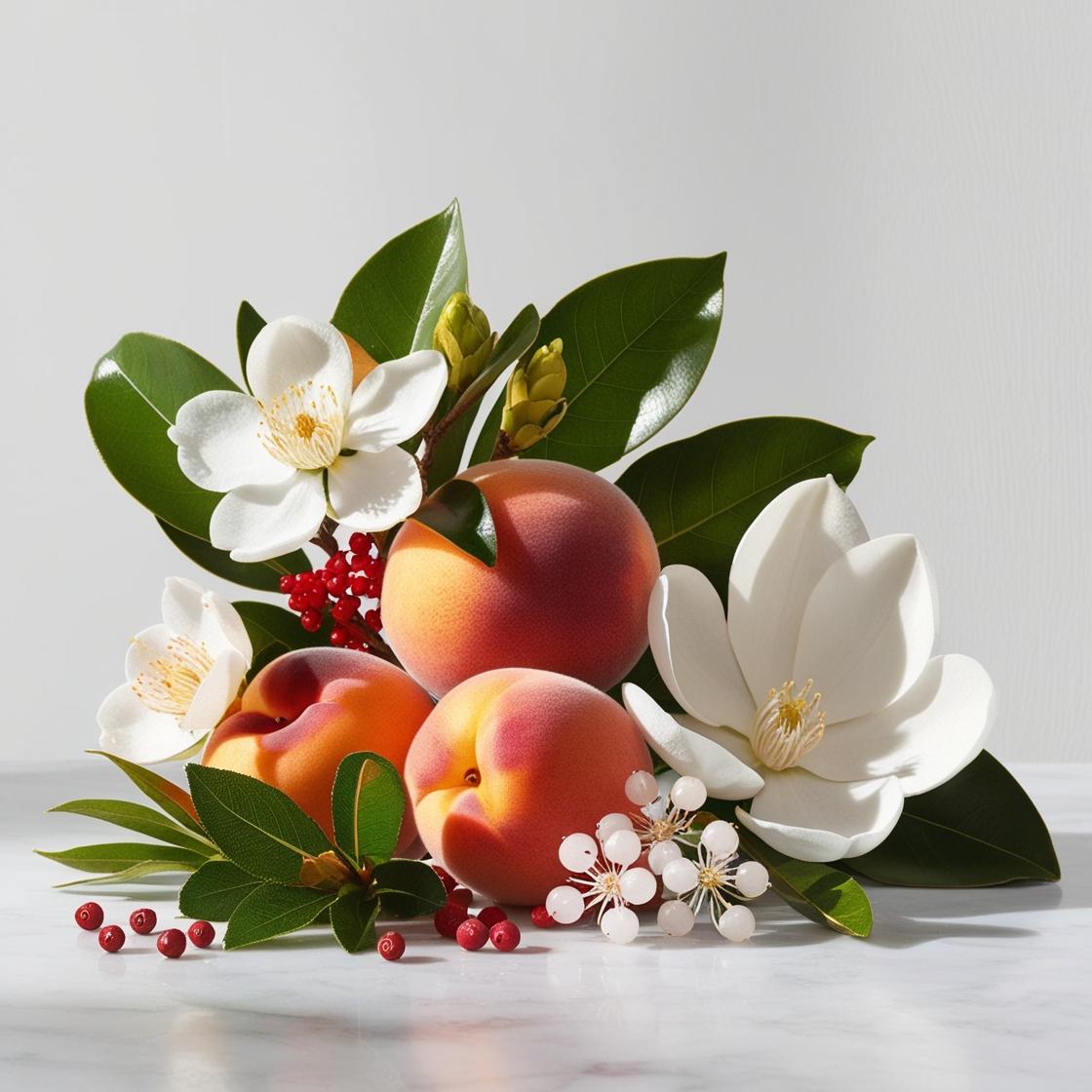 Melocotón, flor de cuaba blanca y magnolia representando las notas olfativas del perfume.