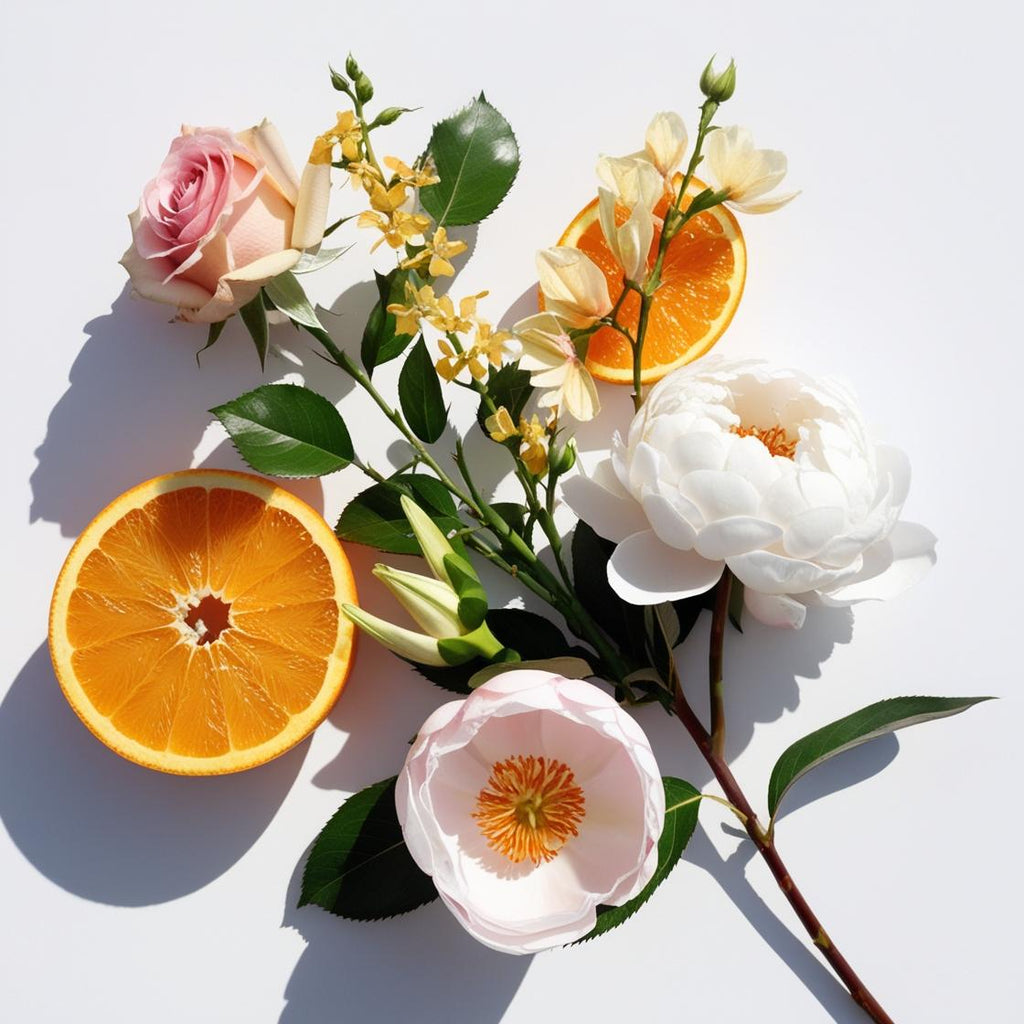 Naranja, rosa y flor de tiaré representando las notas olfativas del perfume.