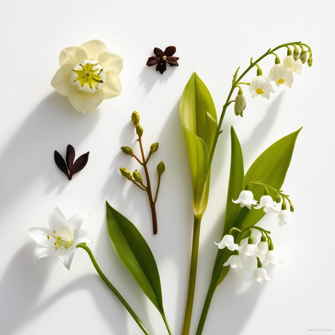 Campanilla, jazmín y lirio representando las notas olfativas del perfume.