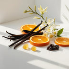 Naranja, ámbar y vainilla representando las notas olfativas del perfume.