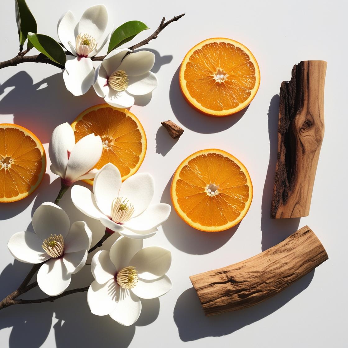 Naranja, jazmín y madera representando las notas olfativas del perfume.