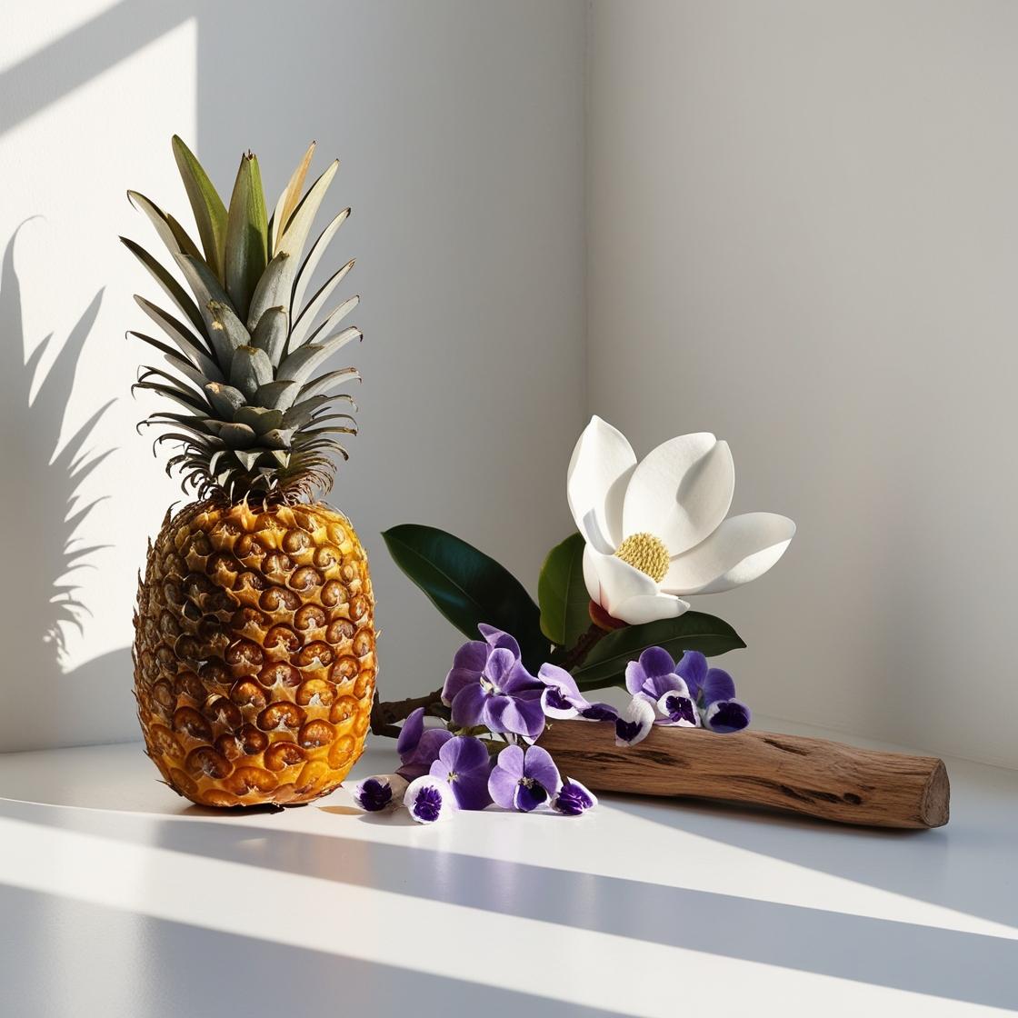 Piña, jazmín, violeta y madera representando las notas olfativas del perfume.