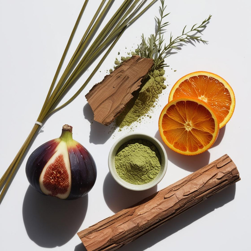 Higo, naranja, té matcha y cedro representando las notas olfativas del perfume.